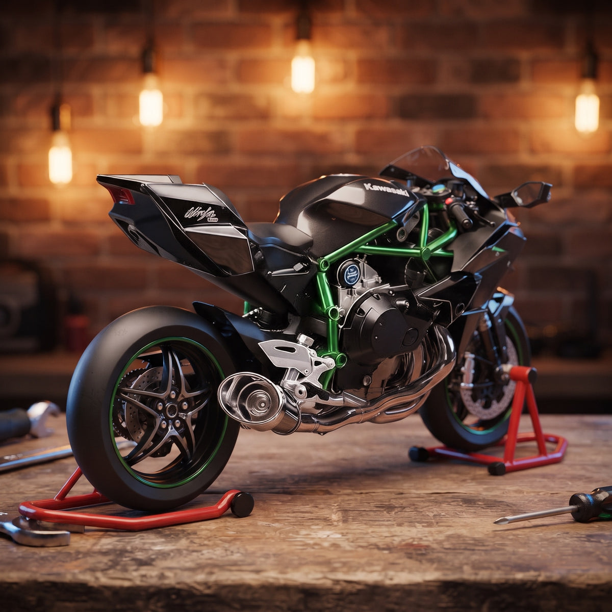 Storm R Hyperbike – černo-zelená, na stojanu v dílně, model 1:9