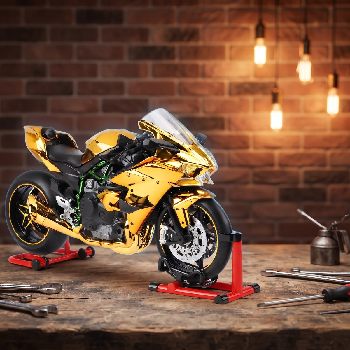 Storm R Hyperbike – zlatá, na stojanu v dílně, model 1:9